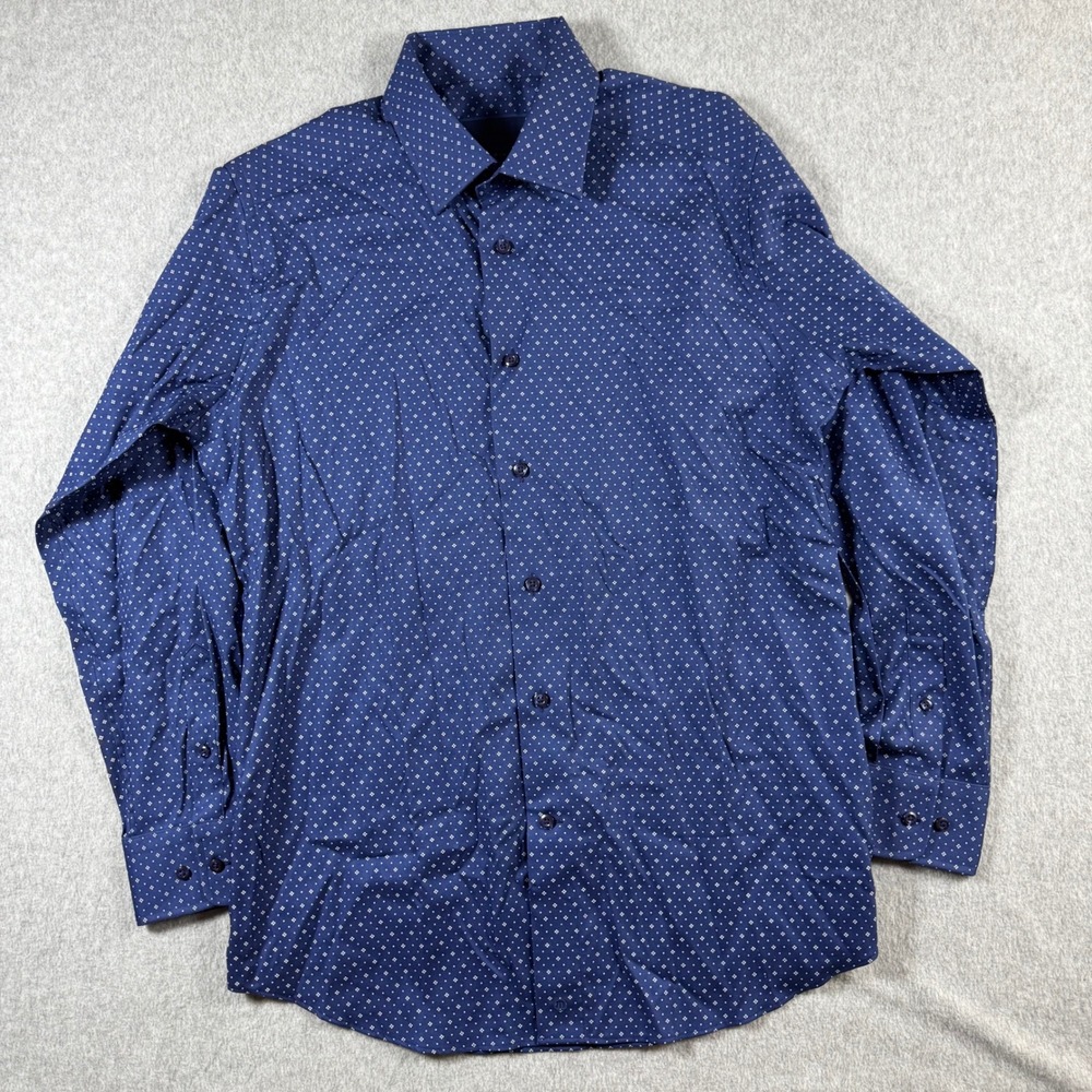David Donahue Mens Slim Fit Dress Shirt Navy Blue Geometric Print 16 32/33 Large